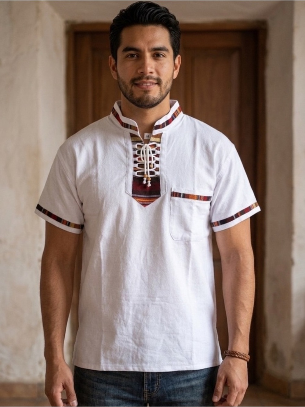 Men's White Short-Sleeve Lace-Up Shirt with Tribal Trim. Size: Medium